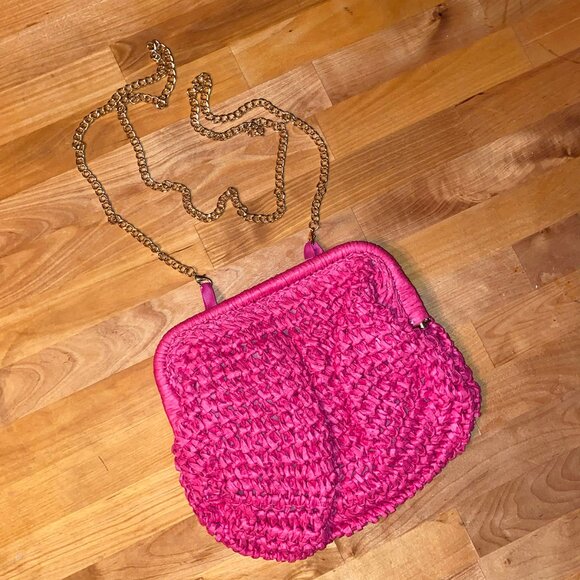 Bright Pink Straw Small Purse Bag with Gold Chain, New in Bag - Picture 2 of 4